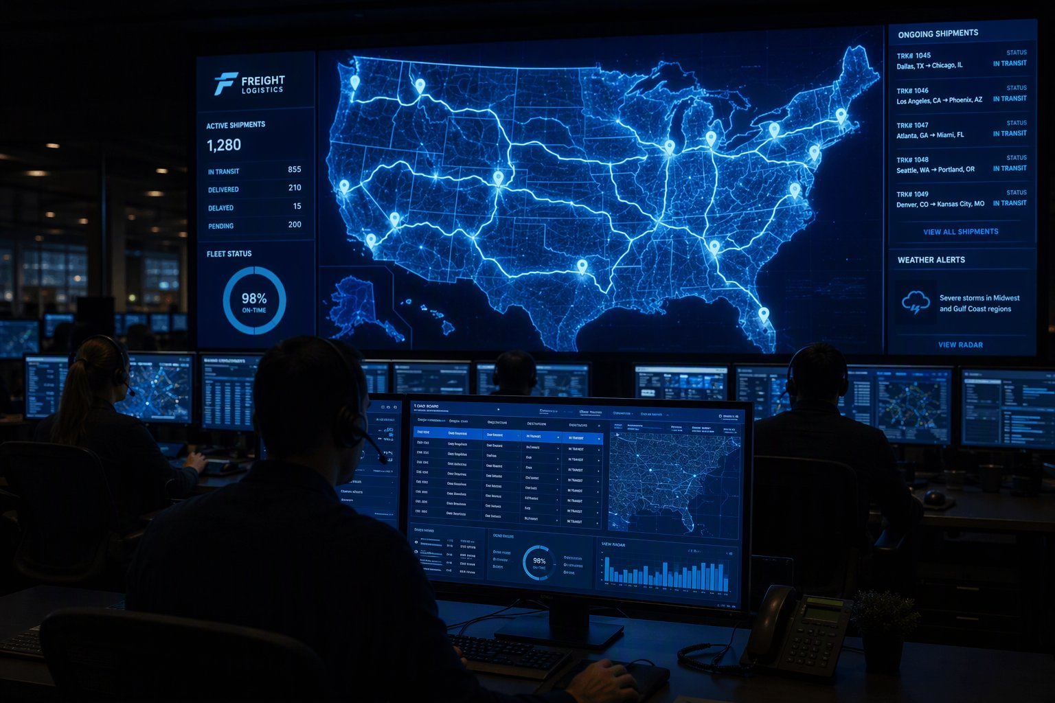 Bridgeway dispatch control room with live US route map