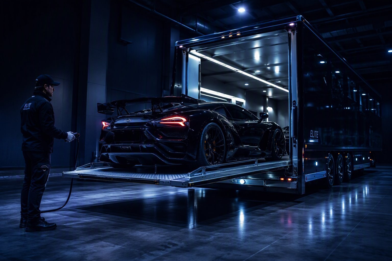 Luxury sports car loading into an enclosed trailer